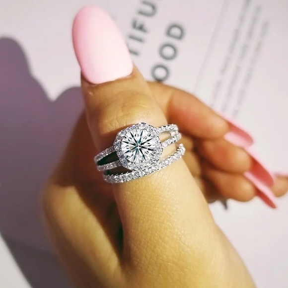 New 925 Silver 2 pc Set Promised Bridal Wedding Diamond Ring - Picture 3 of 6